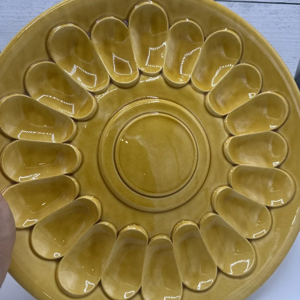 Vtg Yellow California Pottery Platter Egg Trinket Divider Toureen Base Yard Art